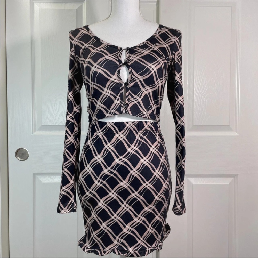 Black and brown plaid wave print buttoned cardigan + mini skirt 2pc set